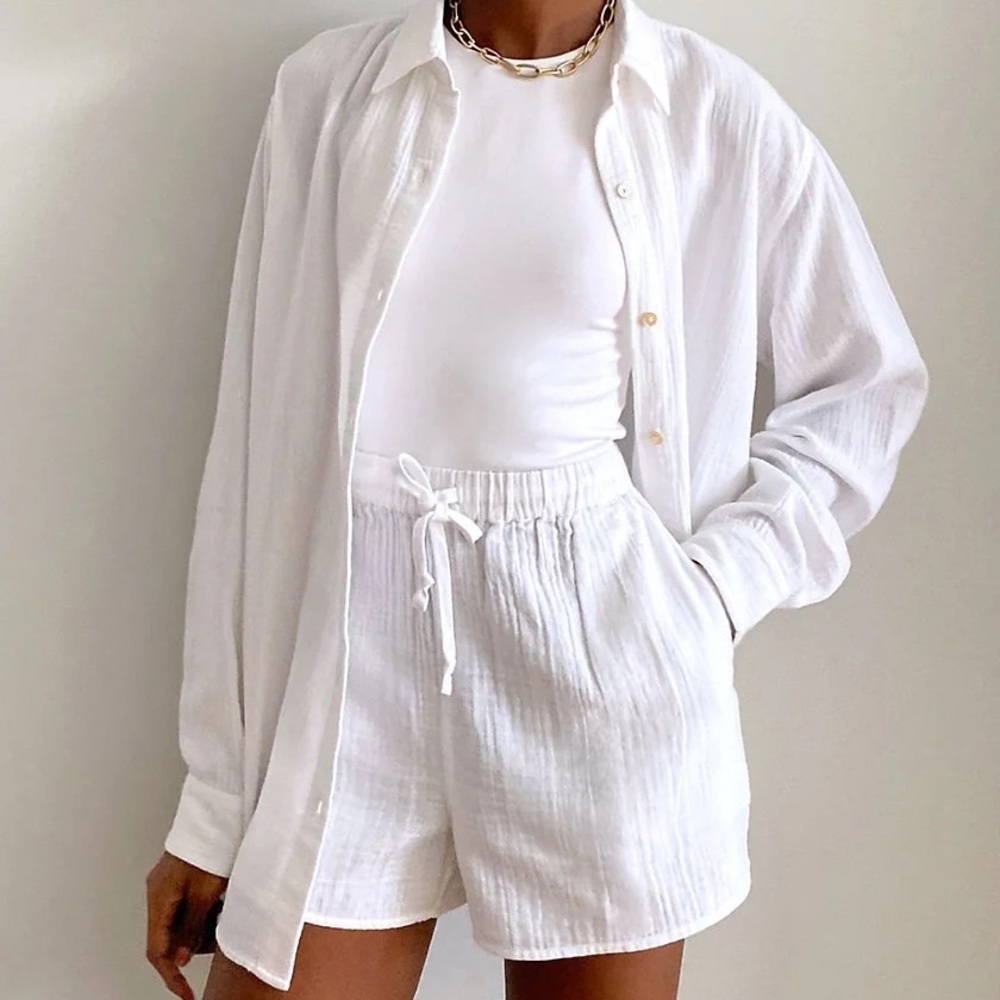 SOLD Aritzia White Viscose Button Up Textured Long Sleeve Blouse